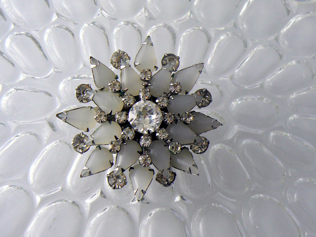Vintage Opaque White Glass And Rhinestone Brooch