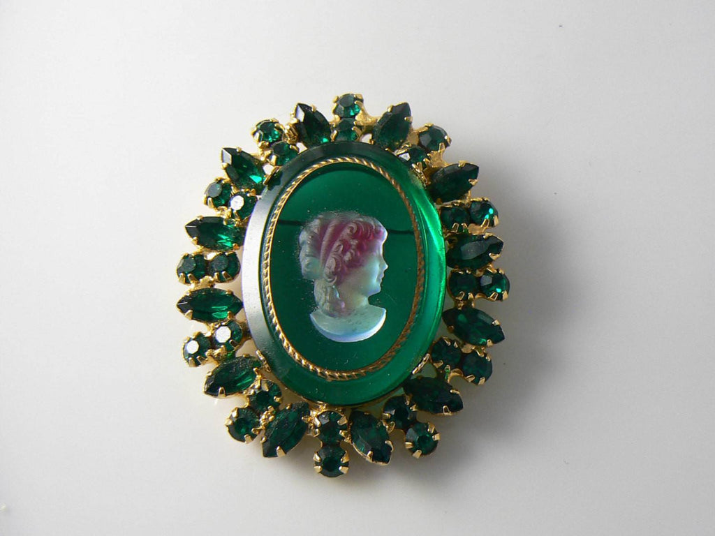 Juliana Book Piece Emerald Green Rhinestone Glass Cameo Pin