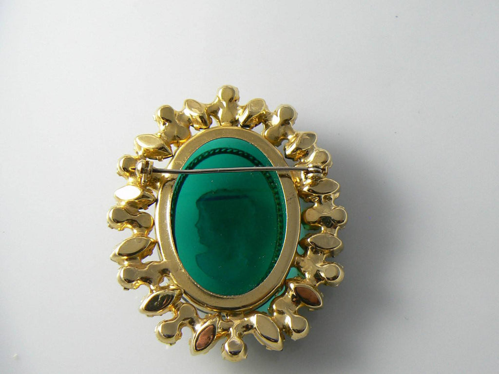 Juliana Book Piece Emerald Green Rhinestone Glass Cameo Pin - Vintage Lane Jewelry