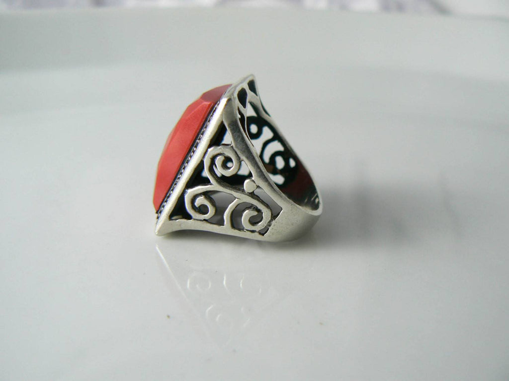 Chunky Sterling Silver Faceted Red Coral Ring - Vintage Lane Jewelry