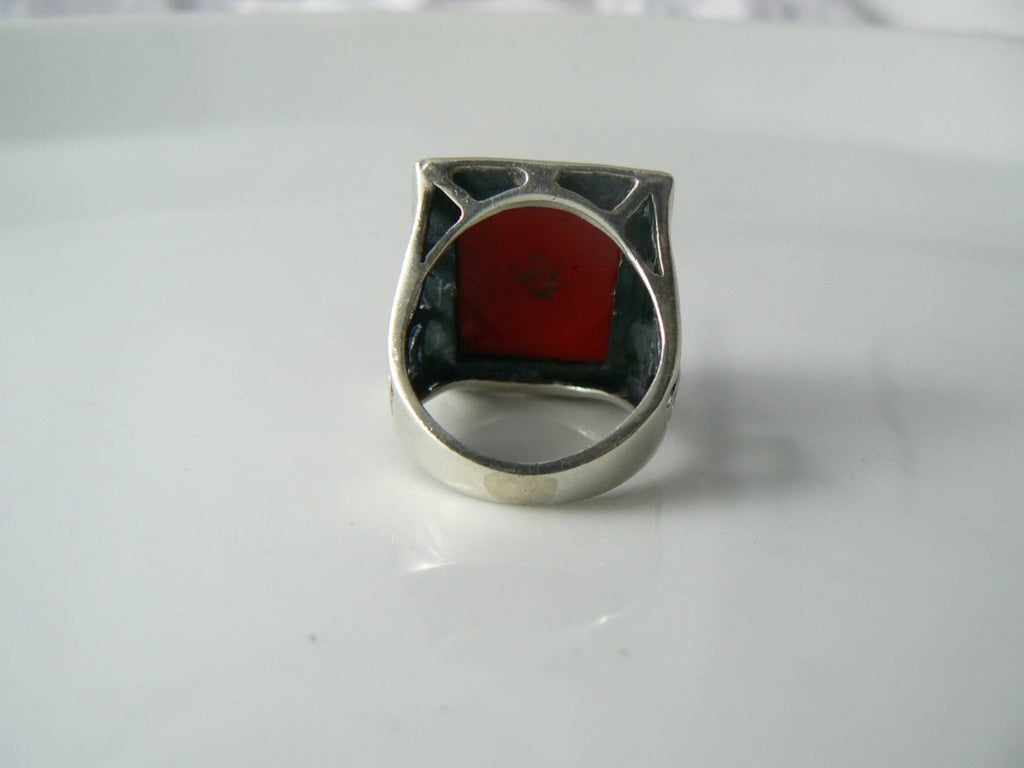 Chunky Sterling Silver Faceted Red Coral Ring - Vintage Lane Jewelry