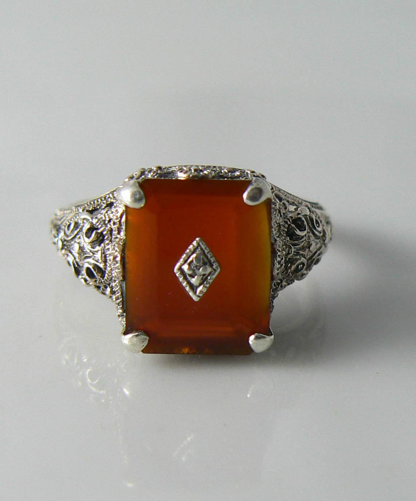 Art Deco Sterling Silver Carnelian Diamond Filigree Ring