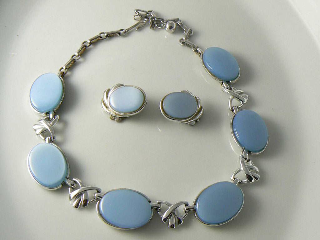 Blue Gray Thermoset Necklace And Earrings Set