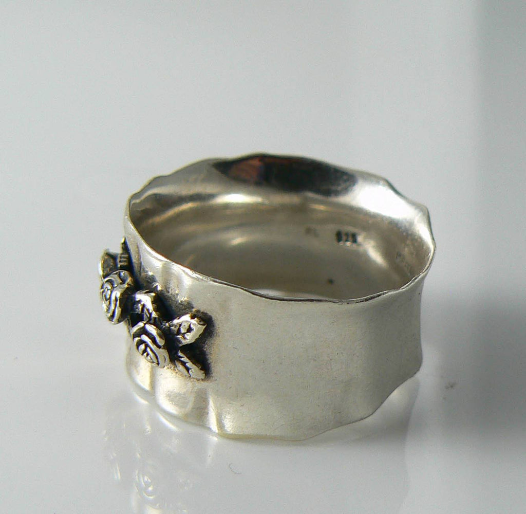 Sterling Silver Gathered Rose Wide Band Ring - Vintage Lane Jewelry