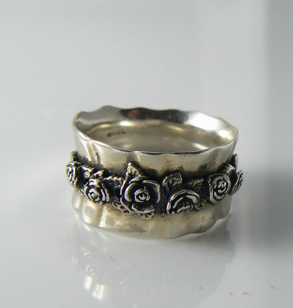 Sterling Silver Gathered Rose Wide Band Ring