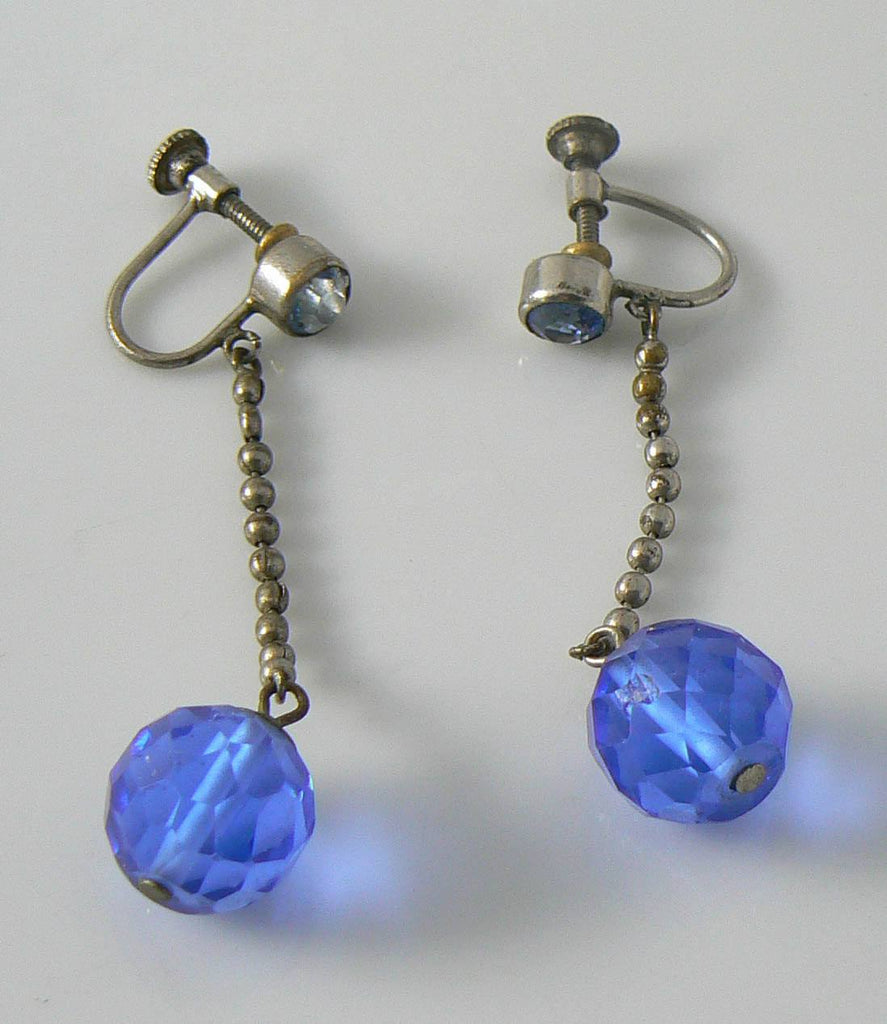 Art Deco Blue Glass Stone Dangle Earrings