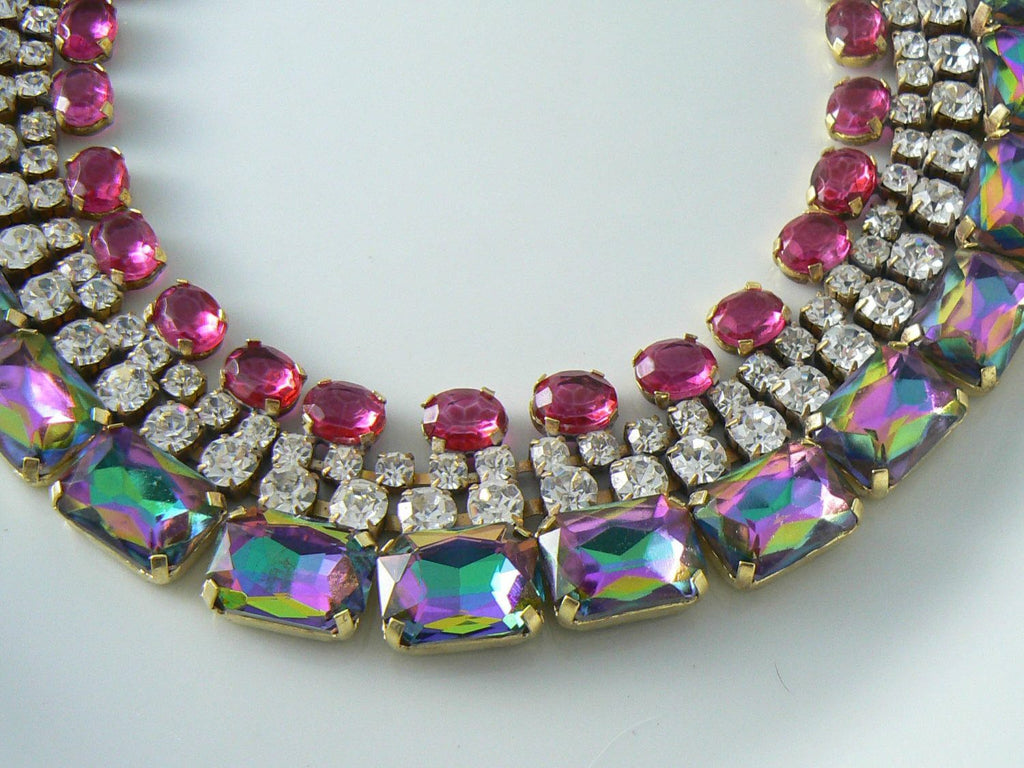 Stunning Czech Glass Bib Necklace with large rectangular watermelon heliotrope stones