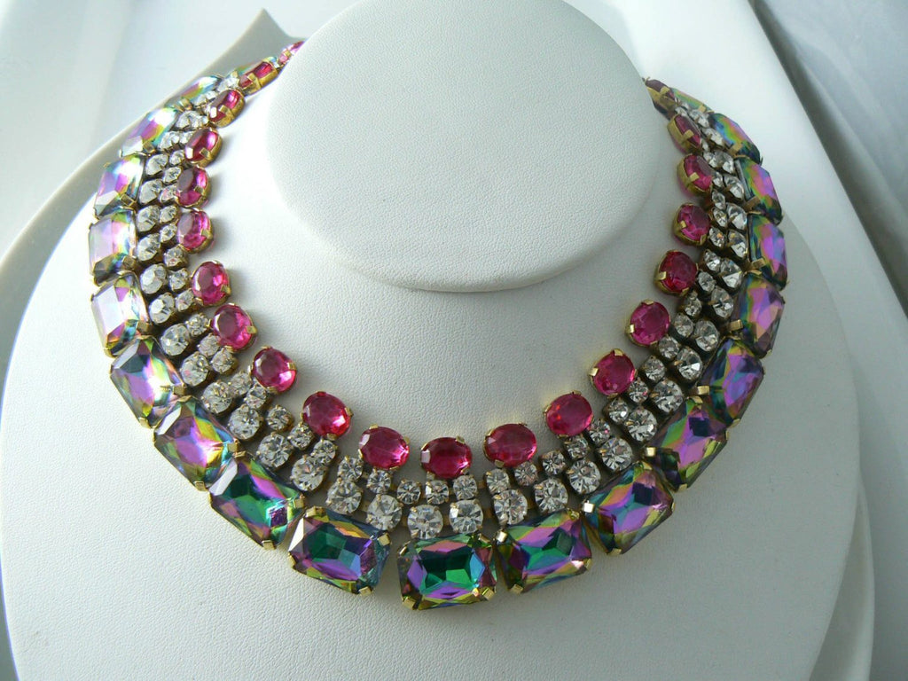 Stunning Czech Glass Bib Necklace with large rectangular watermelon heliotrope stones - Vintage Lane Jewelry