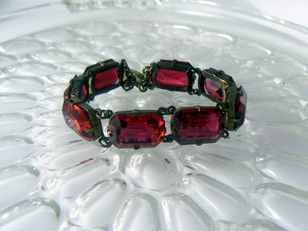 Art Deco Ruby Red Glass Bracelet - Vintage Lane Jewelry
