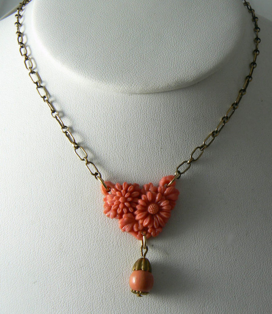 Molded Coral Glass Floral Drop Necklace