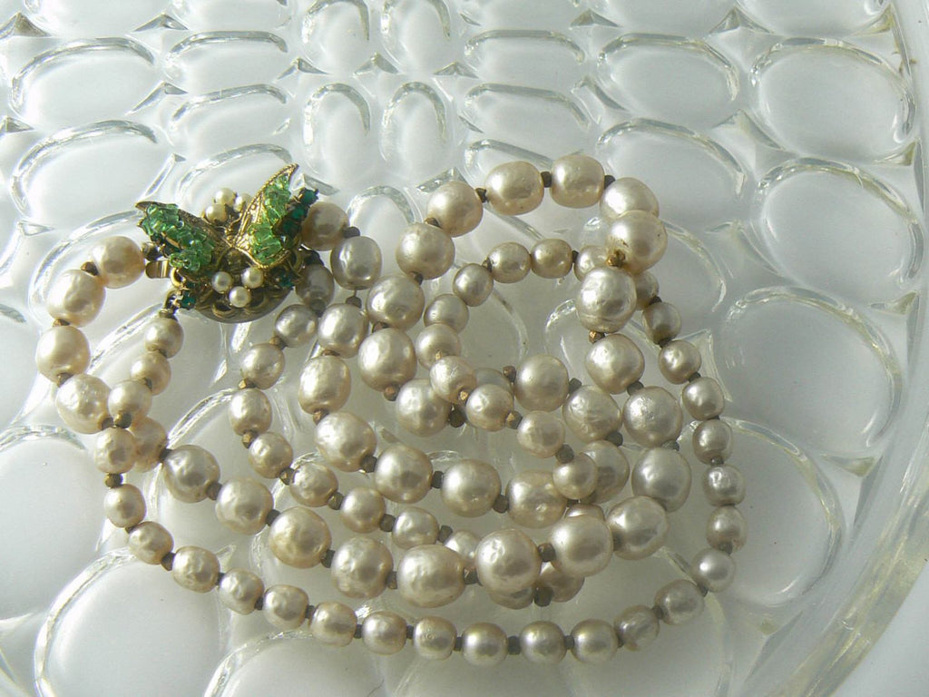 Miriam Haskell 2 Strand Baroque Pearl Choker Necklace Butterfly Clasp