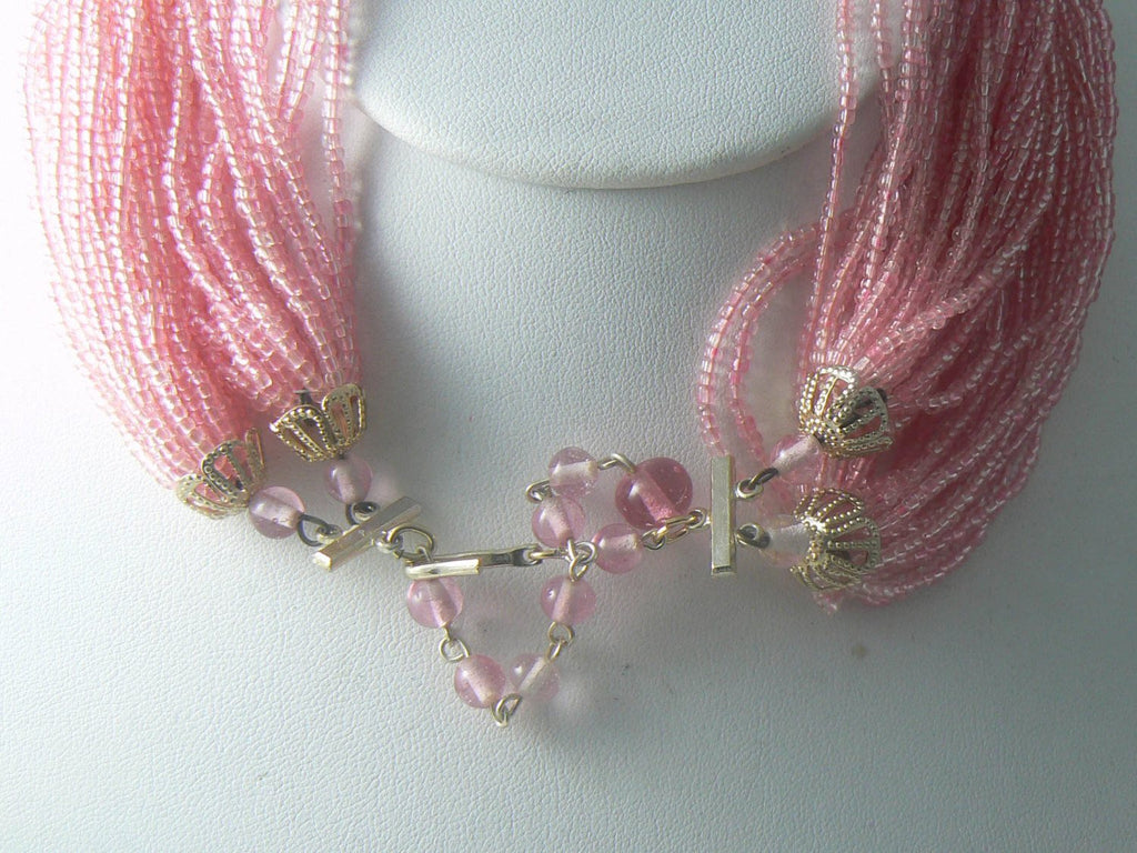 Vintage Multi-strand Translucent Pink Glass Seed Bead Choker - Vintage Lane Jewelry