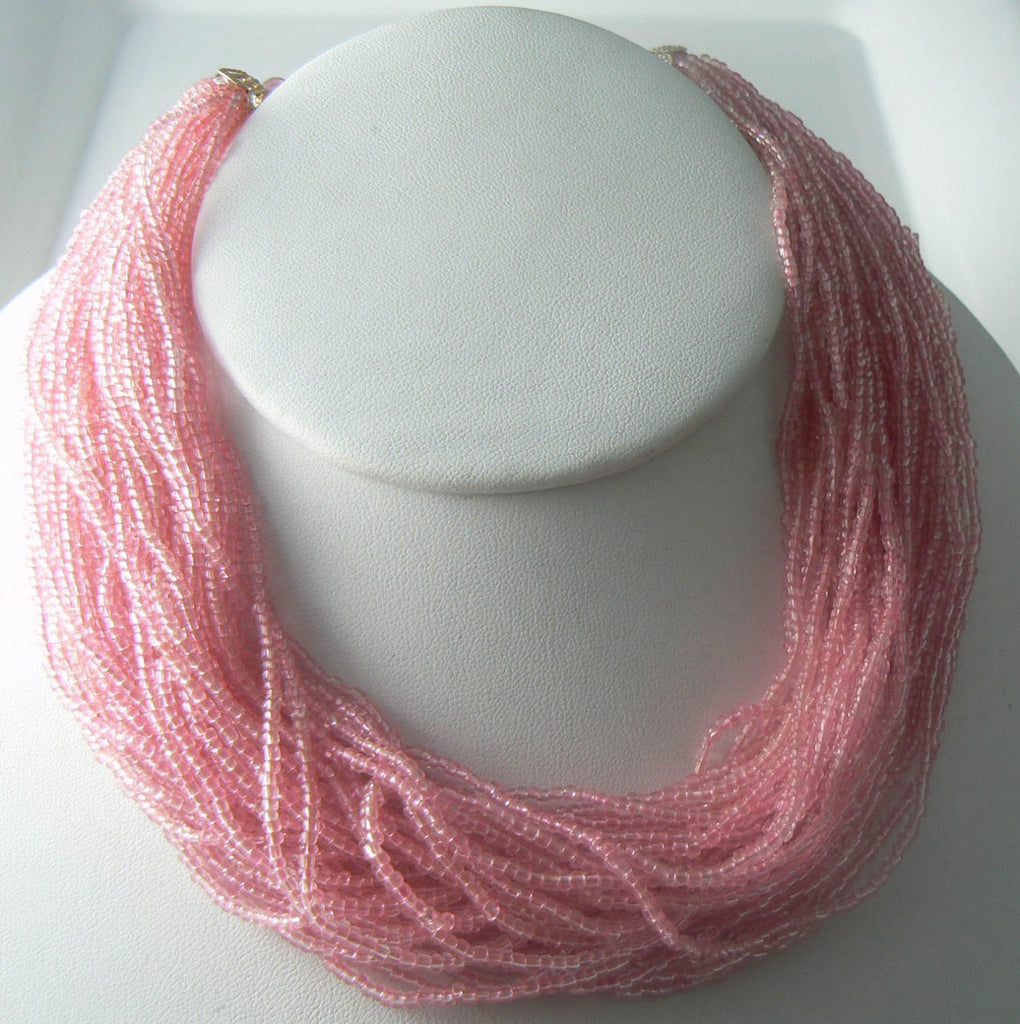 Vintage Multi-strand Translucent Pink Glass Seed Bead Choker
