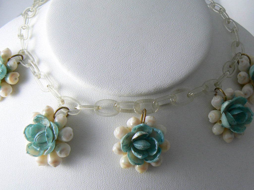 Art Deco Blue Celluloid Flower And Shell Necklace