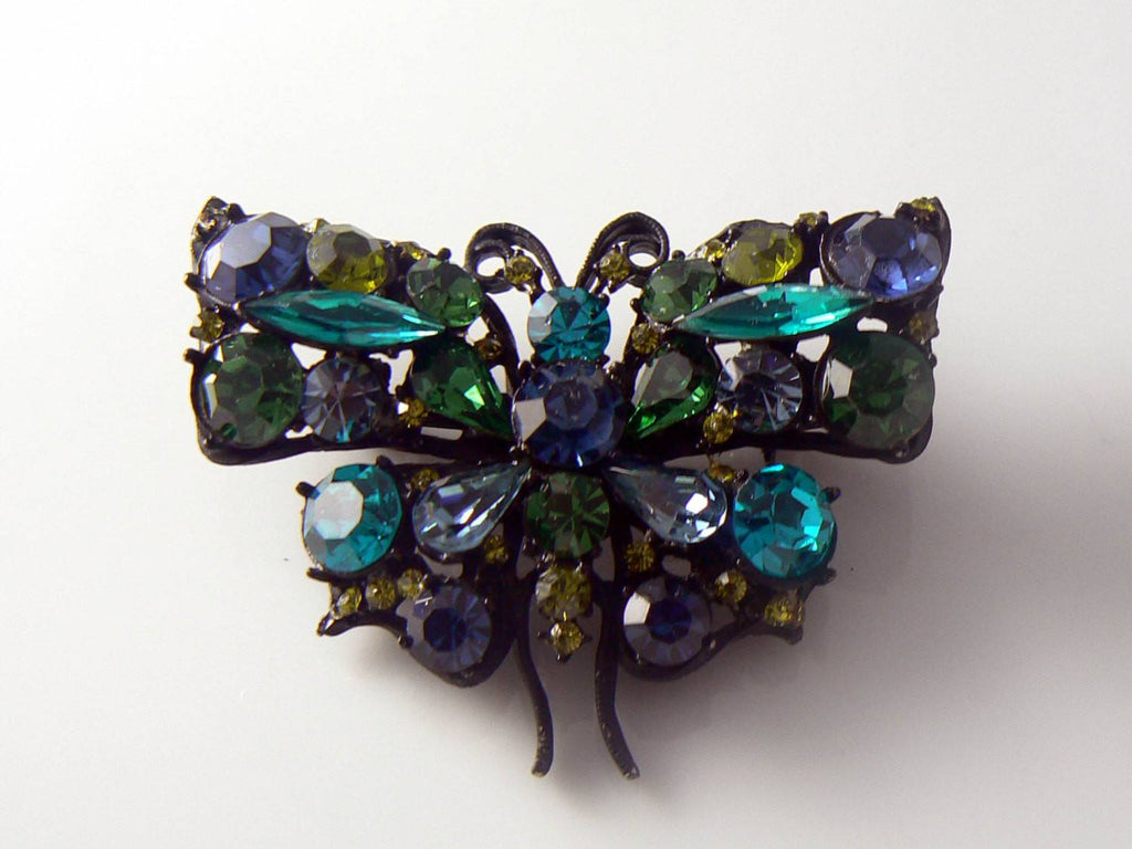 Japanned Blue And Green Rhinestone Butterfly Brooch