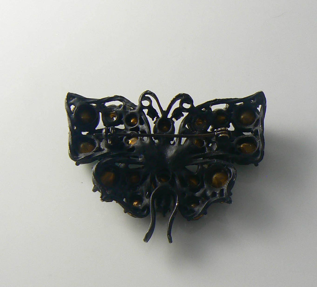 Japanned Blue And Green Rhinestone Butterfly Brooch - Vintage Lane Jewelry
