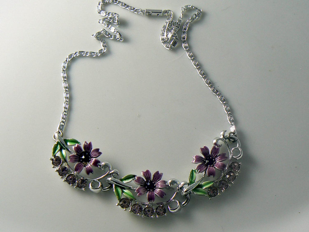 Vintage Rhinestone Enamel Purple Flower Necklace