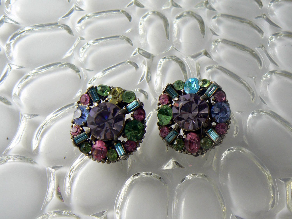 Signed 1955 Hollycraft Pastel Rhinestone Necklace and Earrings Set - Vintage Lane Jewelry