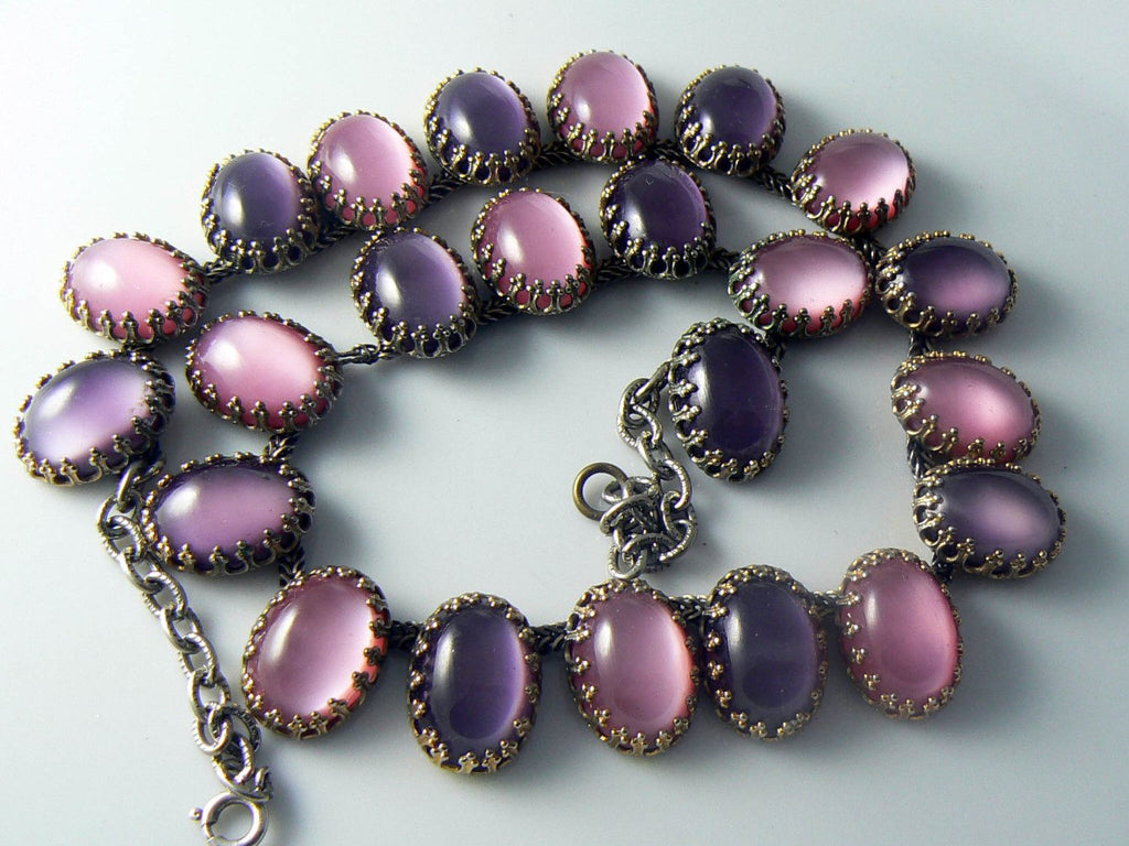 Vintage Pink And Amethyst Moon-glow Glass Necklace
