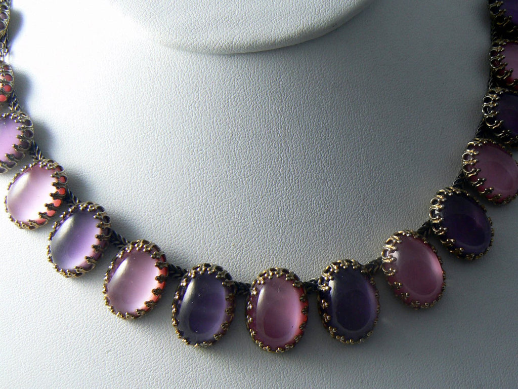 Vintage Pink And Amethyst Moon-glow Glass Necklace - Vintage Lane Jewelry