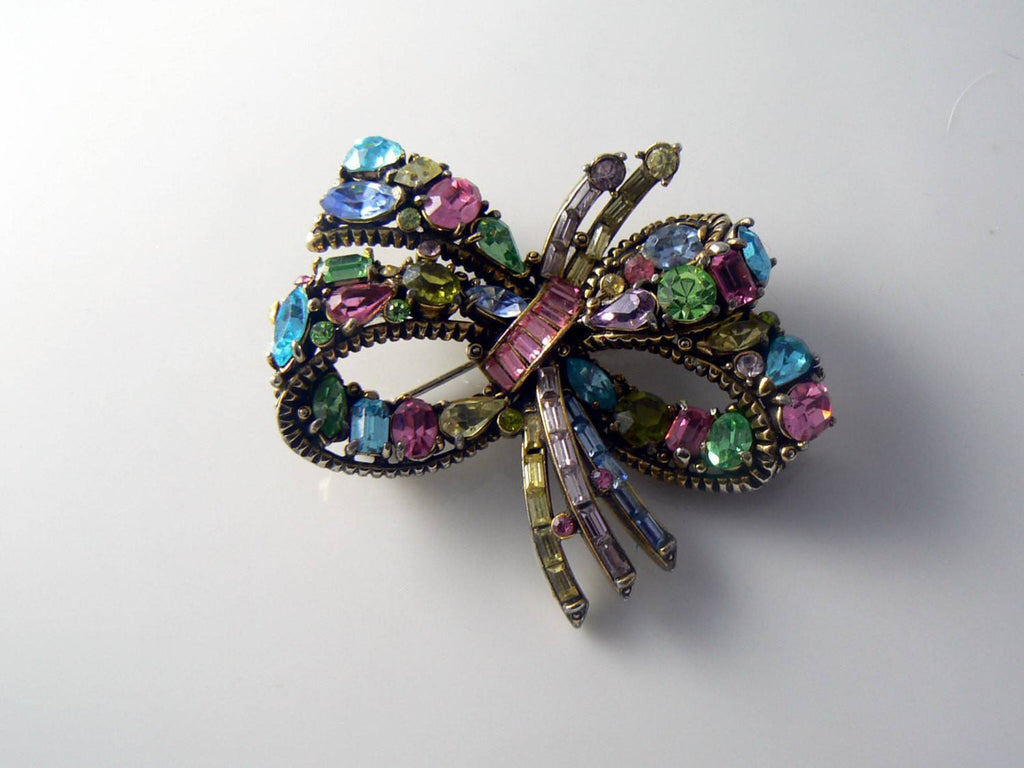 1955 Hollycraft Large Pastel Rhinestone Bow Brooch