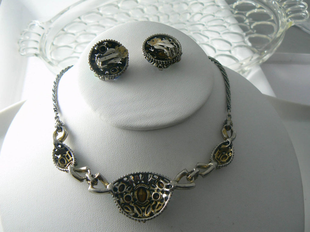 Signed 1955 Hollycraft Pastel Rhinestone Necklace and Earrings Set - Vintage Lane Jewelry