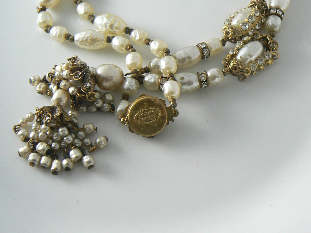 Miriam Haskell Baroque Pearl, Rhinestone & Seed Pearl Tassel Necklace - Vintage Lane Jewelry