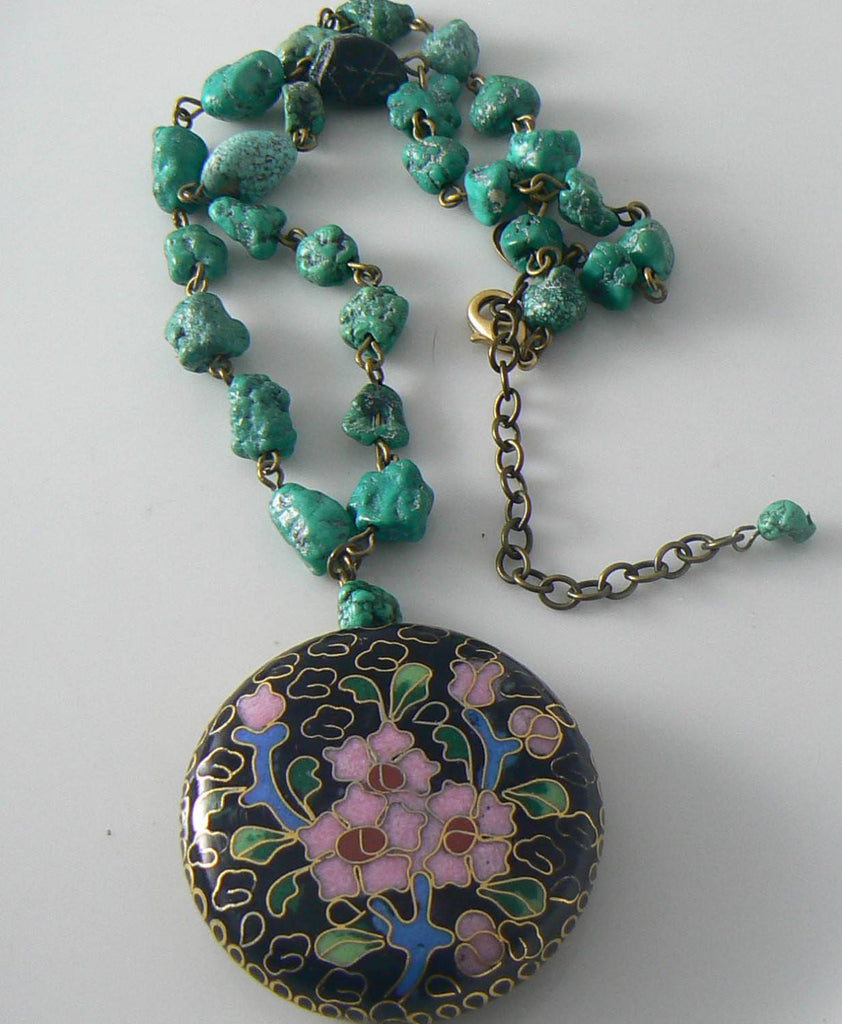 Colorful Miriam Haskell Turquoise & Floral Cloisonne Pendant Necklace