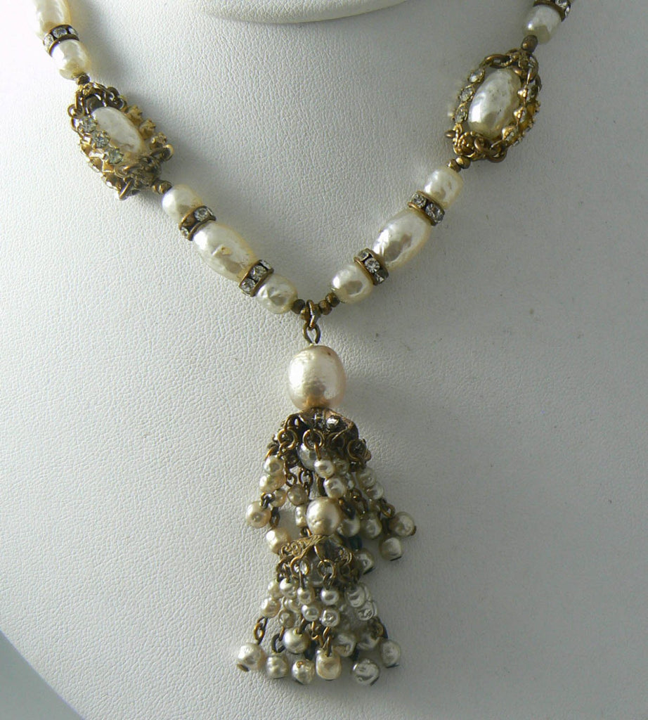 Miriam Haskell Baroque Pearl, Rhinestone & Seed Pearl Tassel Necklace