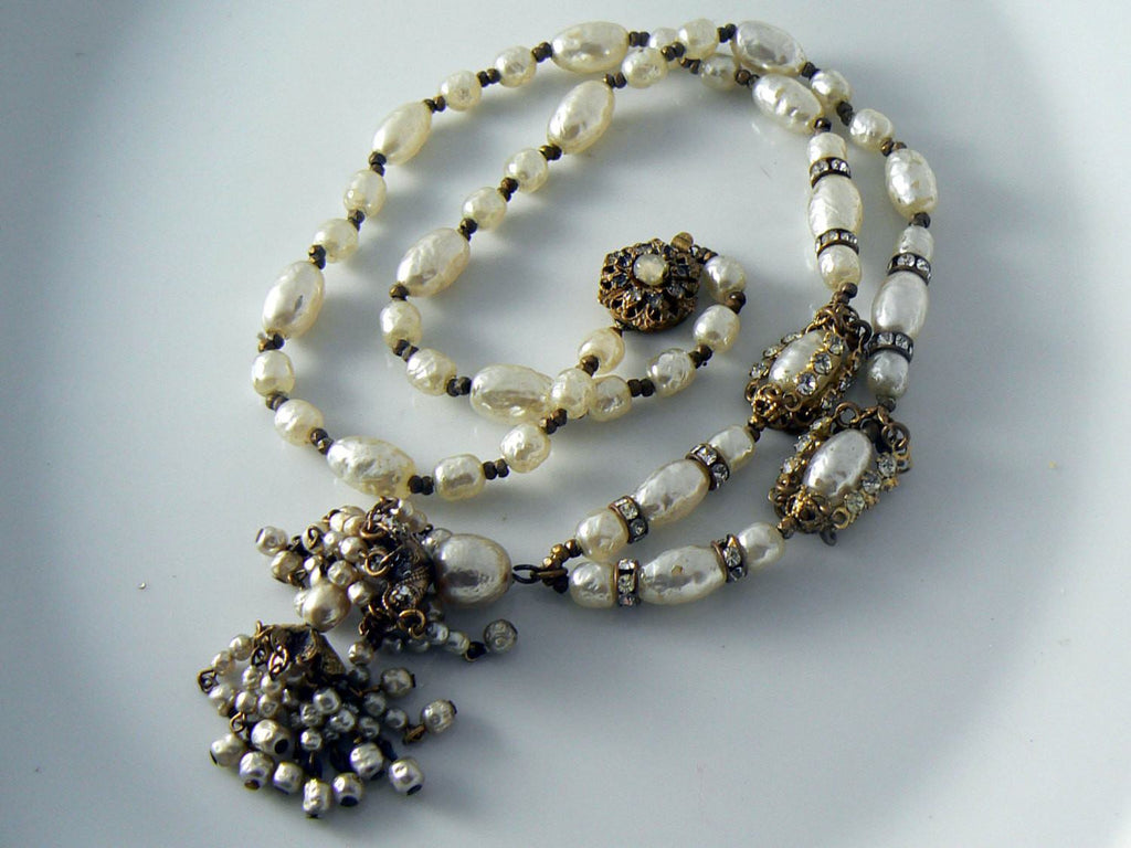 Miriam Haskell Baroque Pearl, Rhinestone & Seed Pearl Tassel Necklace - Vintage Lane Jewelry