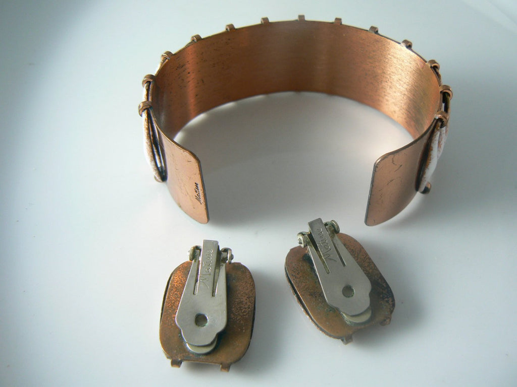 Vintage Renoir Matisse Copper And White Enamel Bracelet Earrings Set - Vintage Lane Jewelry