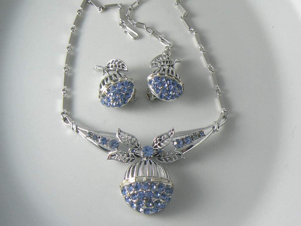 Coro Blue Rhinestone Necklace And Earrings Set