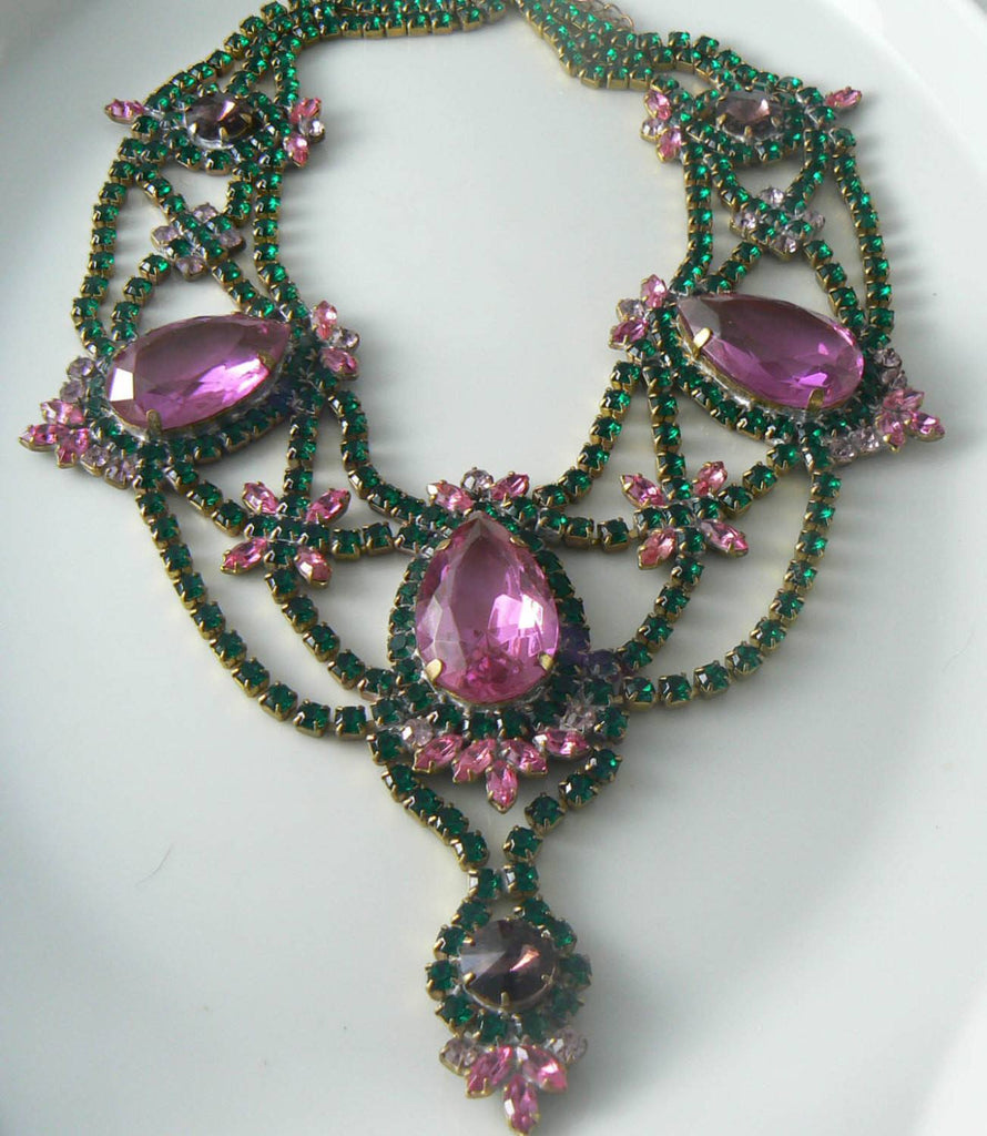 Czech Glass Pink And Green Rhinestone Necklace Signed Husar D.