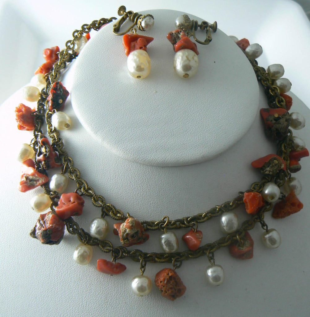 Miriam Haskell Natural Coral Baroque Pearl Necklace Earring Set