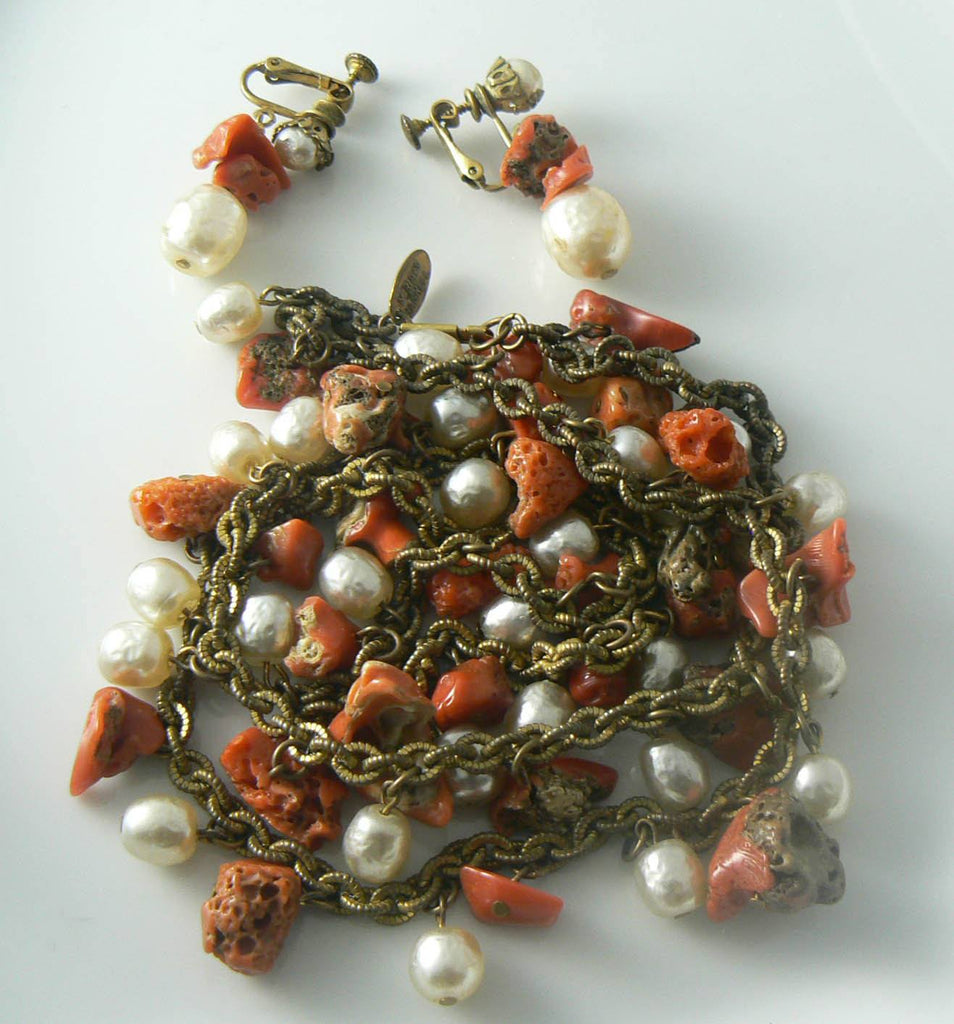 Miriam Haskell Natural Coral Baroque Pearl Necklace Earring Set - Vintage Lane Jewelry