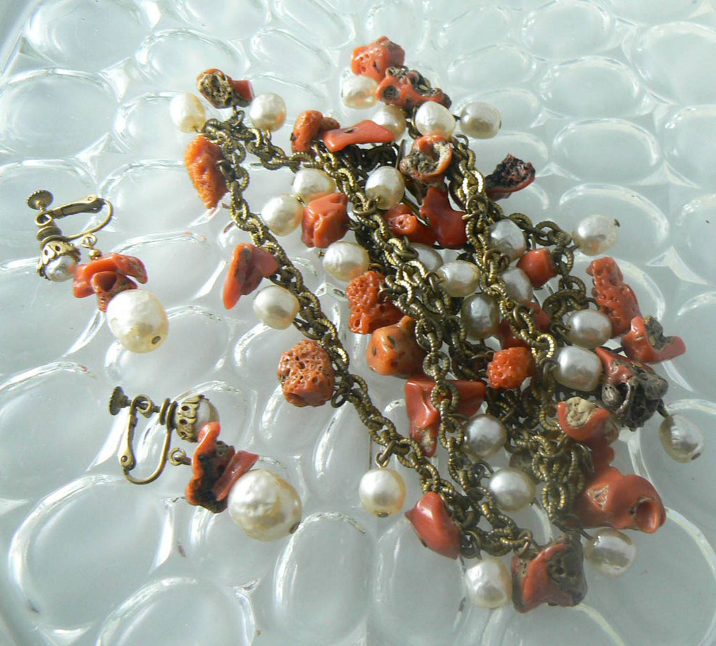 Miriam Haskell Natural Coral Baroque Pearl Necklace Earring Set - Vintage Lane Jewelry