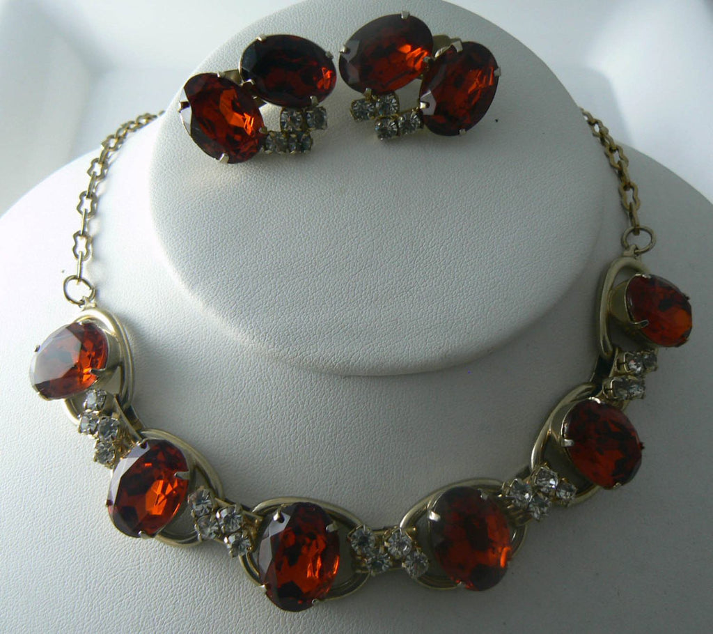 RootBeer Glass Rhinestone Necklace And Earrings