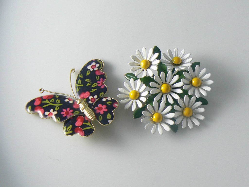 Vintage Enamel Daisy Pin And Butterfly
