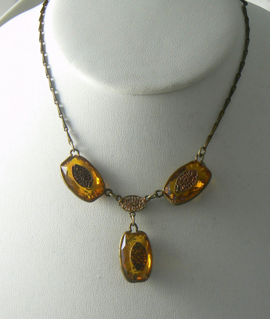 Vintage Art Deco Amber Topaz Bezel Rhinestone Necklace - Vintage Lane Jewelry