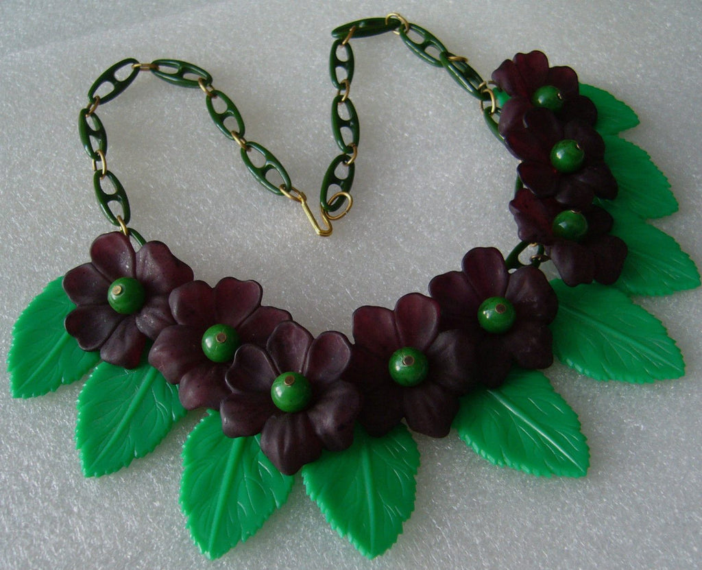 Vintage Early Plastic Celluloid Lucite Violets And Leaves Necklace