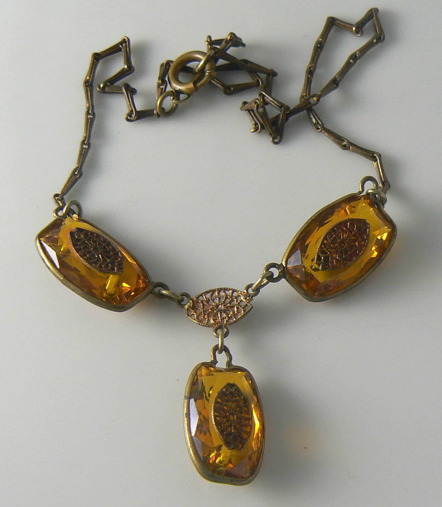 Vintage Art Deco Amber Topaz Bezel Rhinestone Necklace