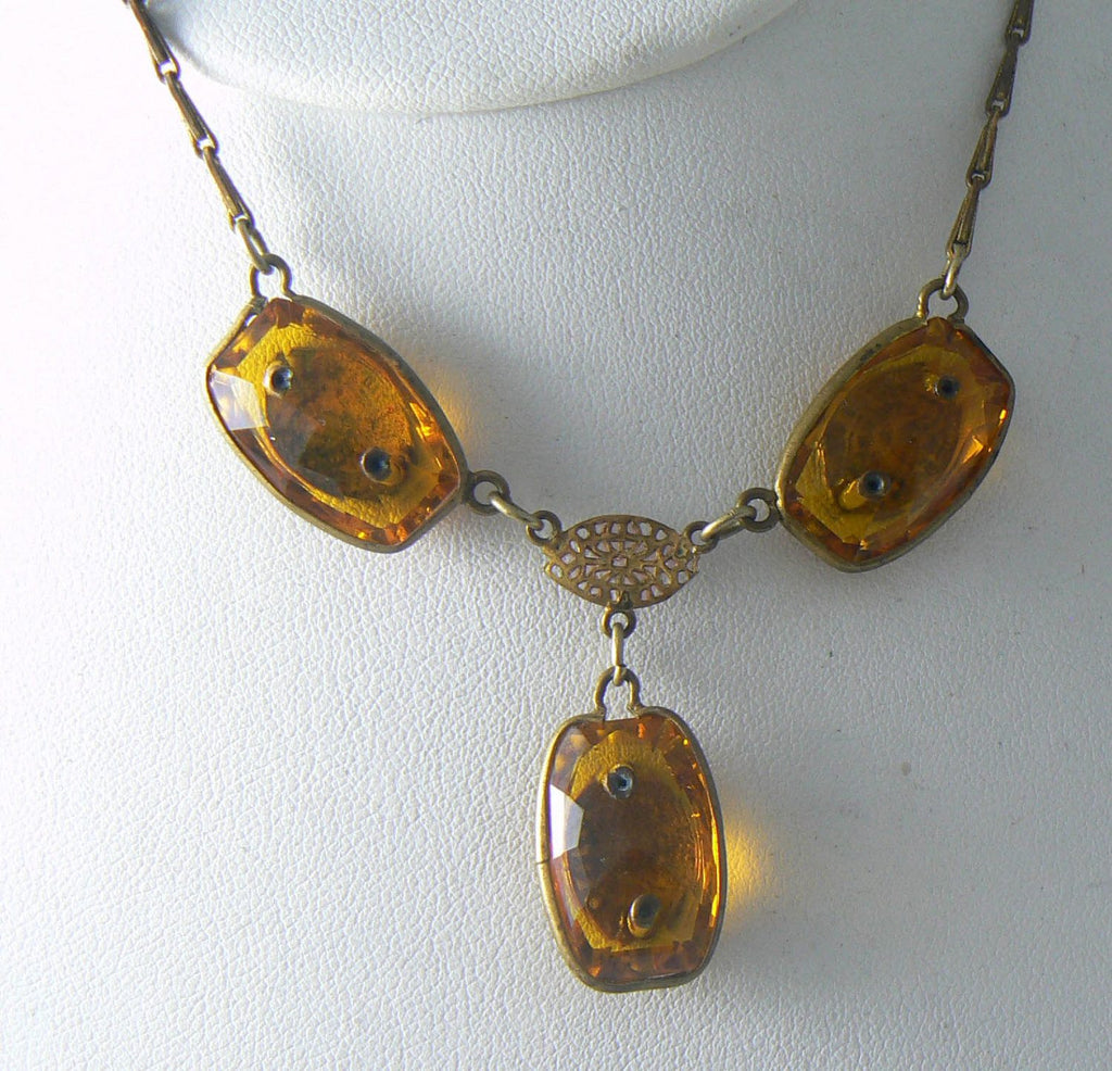 Vintage Art Deco Amber Topaz Bezel Rhinestone Necklace - Vintage Lane Jewelry