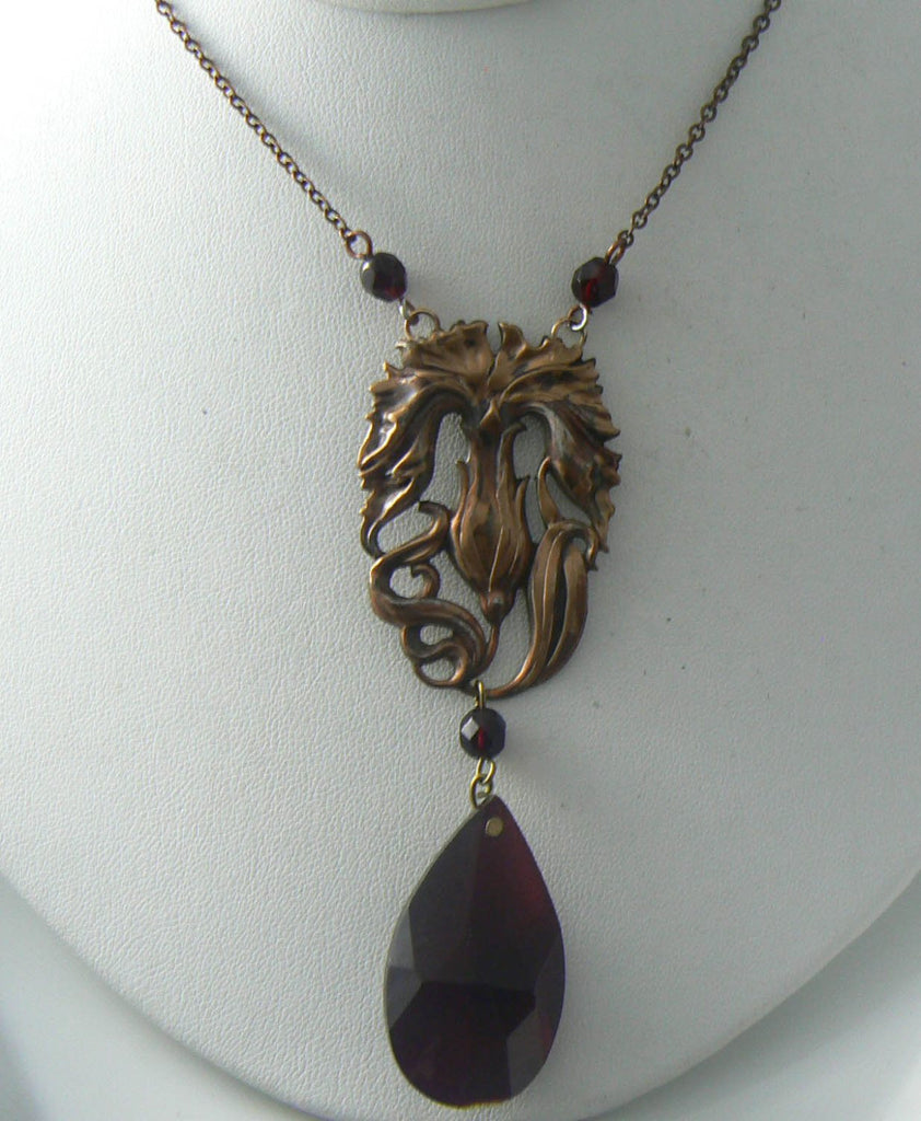 Vintage Art Nouveau Style Brass/copper Repousse Garnet Glass Necklace