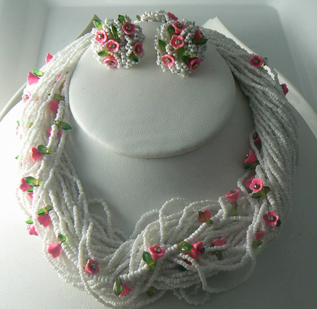 Vendome Pink Enameled Flower Rhinestone Necklace Earring Set - Vintage Lane Jewelry