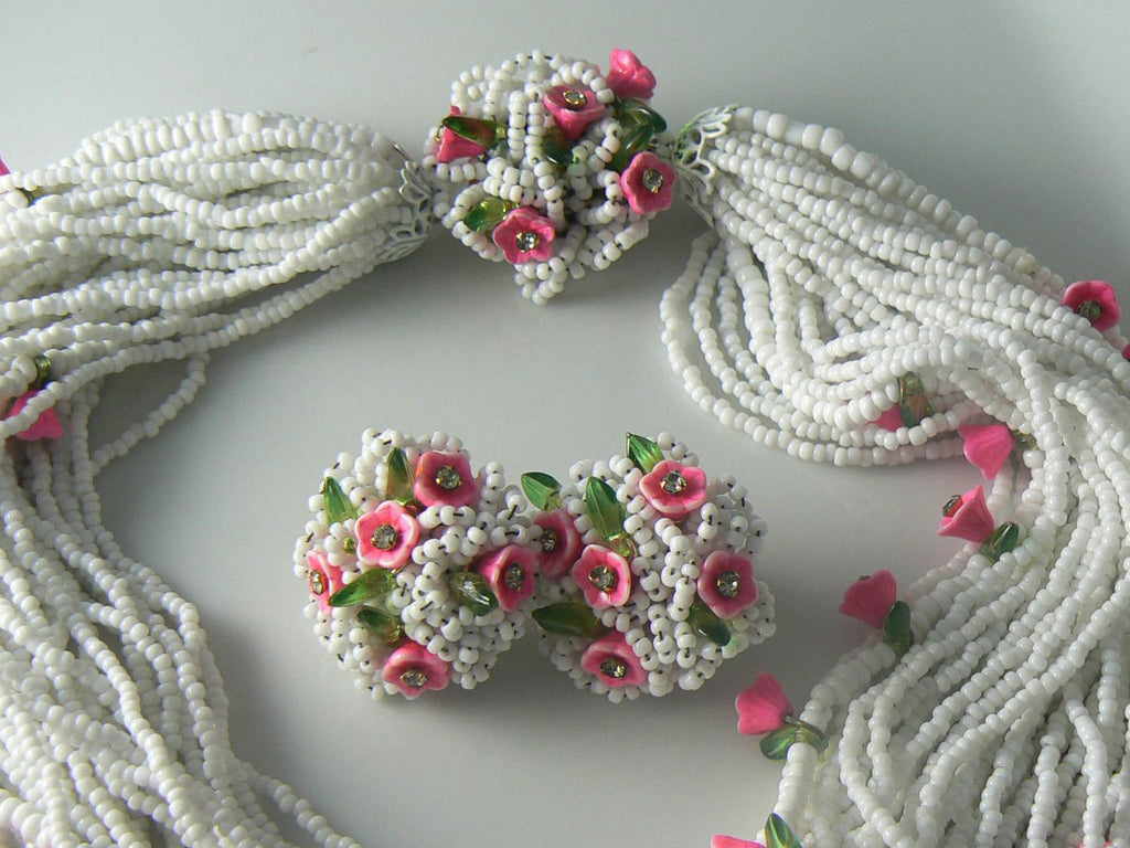 Vendome Pink Enameled Flower Rhinestone Necklace Earring Set - Vintage Lane Jewelry