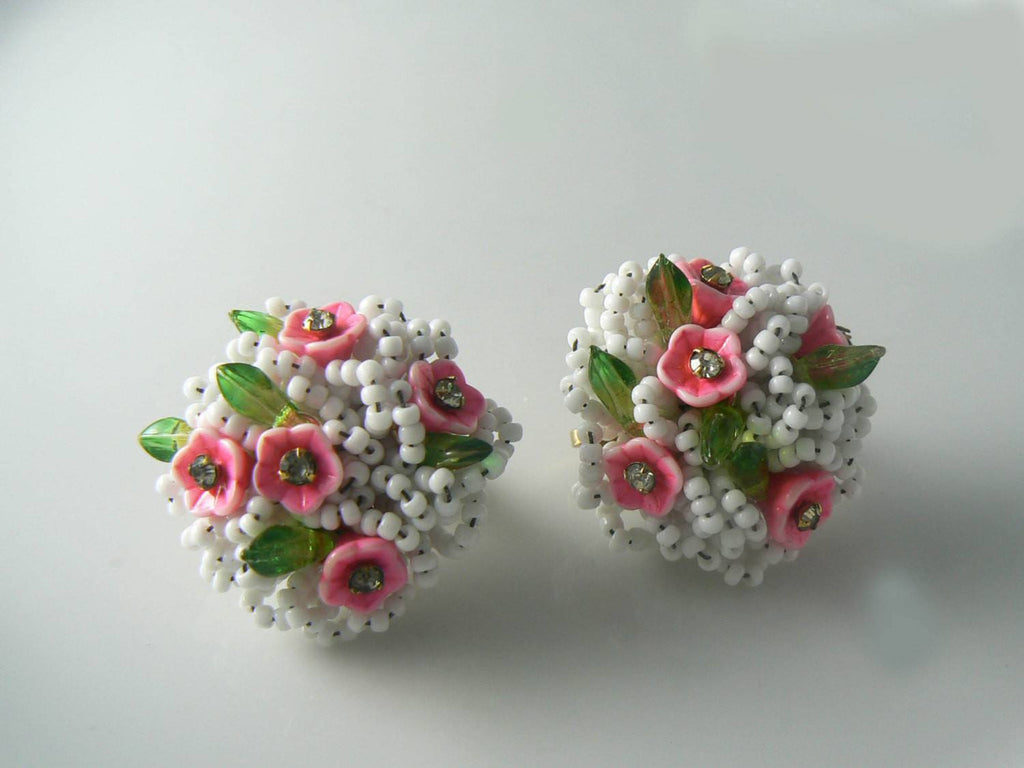 Vendome Pink Enameled Flower Rhinestone Necklace Earring Set - Vintage Lane Jewelry