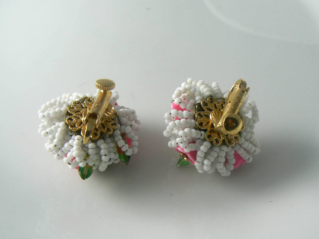 Vendome Pink Enameled Flower Rhinestone Necklace Earring Set - Vintage Lane Jewelry