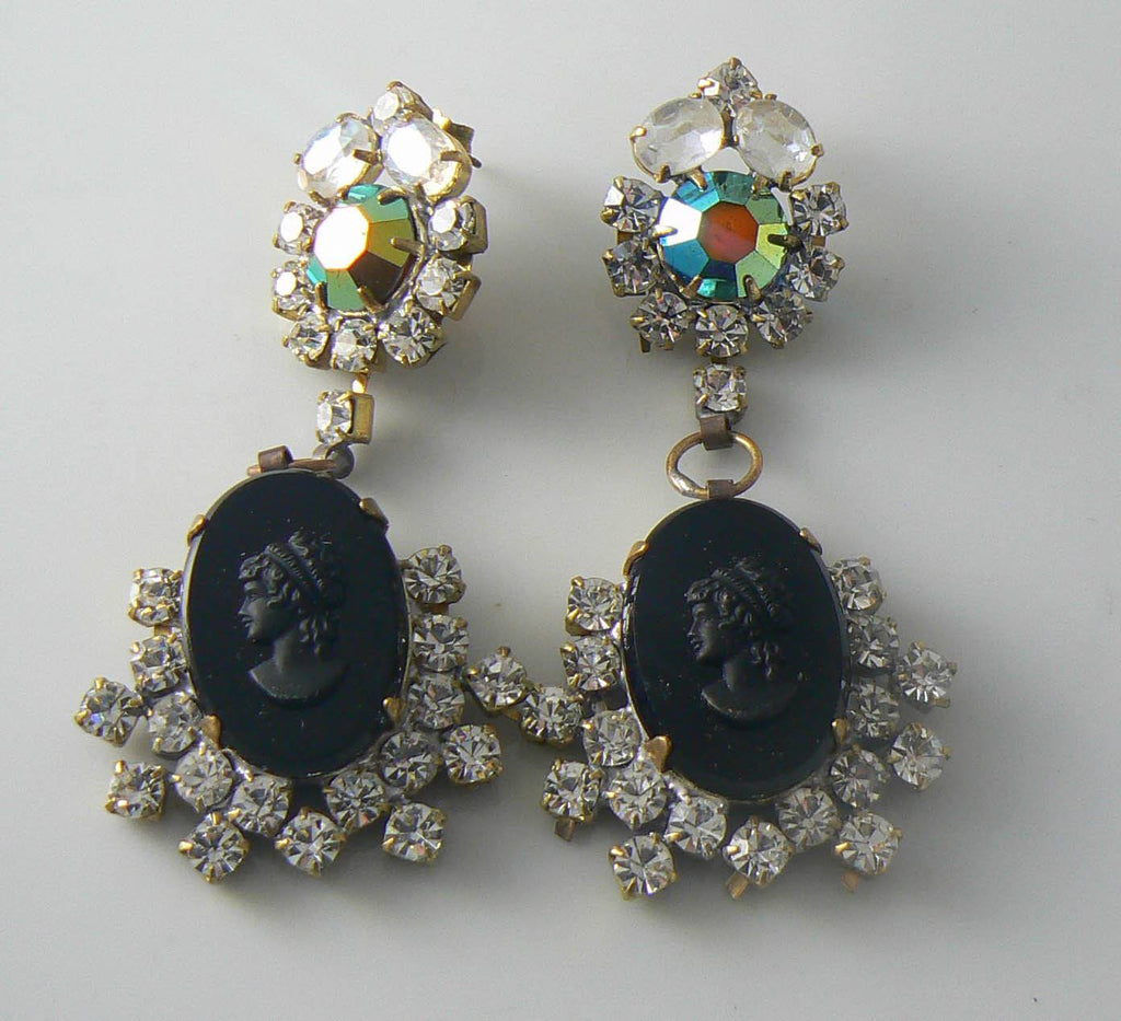 Czech Black Glass Cameo And Rhinestone Earrings