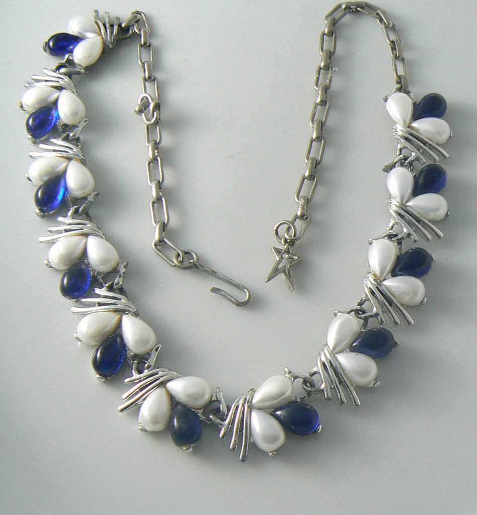 Vintage Signed Star Faux Pearl And Blue Rhinestone Necklace