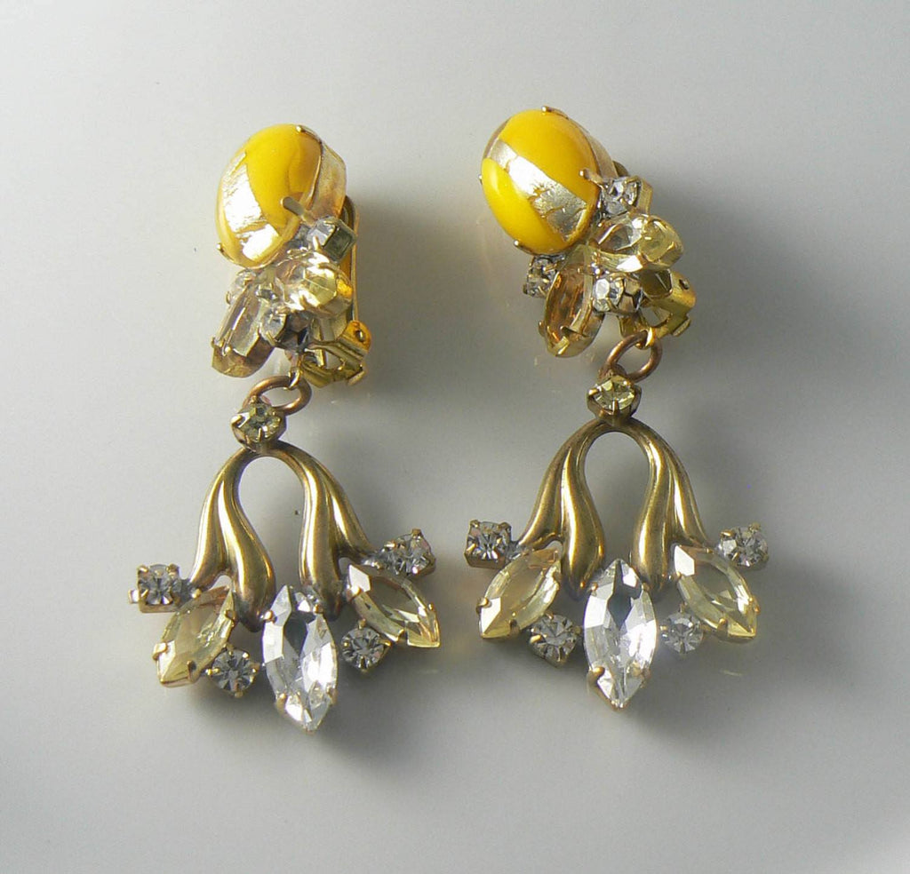 Czech yellow and silver cabochon marquise rhinestone Earrings